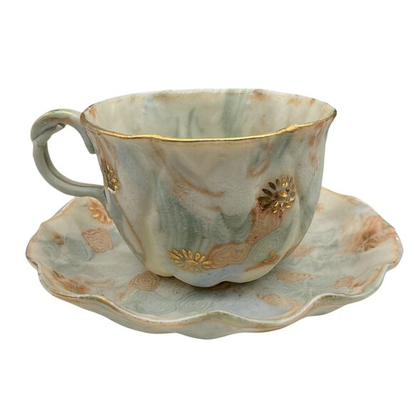 Vintage 1950s Japan Gray Gold Daisy Tea Cup & Saucer Set Demitasse 2"H X 4"D - Picture 3 of 6